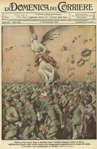 Első világháború 1918 – Olaszország a háborúban. Győzelem Napja. A dicsőség órájában. Egy titáni küzdelem, a hatalmas áldozatok, a halálesetek, a viharok után az olasz hadsereg, a hős római légiók, akik a legszentebb ügyéért harcoltak, felemelték az áldoza alkotó: Achille Beltrame