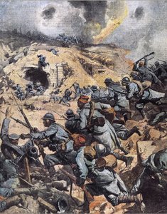 Első világháború: „a gyarmati csapatok (marokkói gyalogezred, szenegáli tirailleurok) megrohamozzák a német hadsereg által elfoglalt Douaumont erődöt Verdun közelében, véget vetve a verduni csatának, 1916.10.24.” (1916.10.24. di alkotó: Achille Beltrame