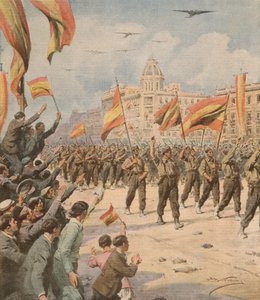 Franco Spanyolországa Madridba lép győzelmi zászlóival, Achille Beltrame (1871-1945) a La Domenica del Corriere-ből április 2. alkotó: Achille Beltrame