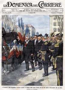 Armand Fallieres (1841-1931) francia elnök a Becsületlégió kitüntetését adja át a csatában elesett hősnek. Ill. de Beltrame. La Domenica del Corriere. 1907.03.31. alkotó: Achille Beltrame