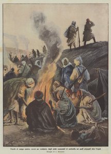 Tüzek az ellenséges táborban, melegítésképpen meggyújtva, az arabok által őrszolgálatot vezényeltek a Tripolin túli helyeken.