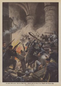 A háború epizódjai, harc belga és német katonák között egy belga flandriai falu templomában