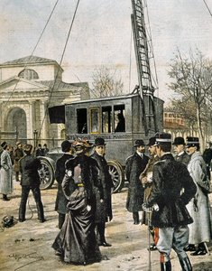 Guglielmo Marconi segít Milánóban az első Stazione Radio Mobile tesztjén. Illusztráció: Achille Beltrame a „Domenica del Corriere”-hez” (1906). Metszés. alkotó: Achille Beltrame