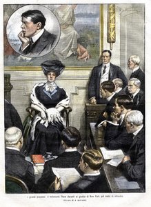 Harry Thaw pere 1907-ben New Yorkban. Harry Thaw, egy nagykereskedő család fia, 1906-ban lemészárolta Stanford White építészt, felesége, Evelyn volt szeretőjét. az 1907. március 3-i domenica del corriere borítója, Achille Beltra illusztrációja alkotó: Achille Beltrame