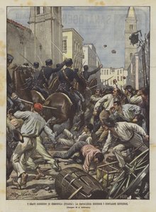 Cerignola (Foggia) súlyos rendellenességei, a lovasság szétoszlatja a lázadó parasztokat