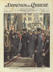 Uralkodók haladnak el Olaszország veteránjai előtt, akiket a római Pantheon pronaoszában telepítettek, a 14. áramlat