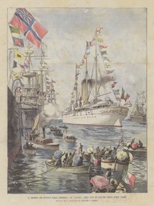 Az uralkodók visszatérése Szardíniáról, a Savoy a szardíniai vizekről való kihajózásban alkotó: Achille Beltrame