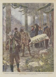 Segantini festő holttestének szállítása a Schafberg-i kunyhóból, ahol meghalt, a kis malojai templomba