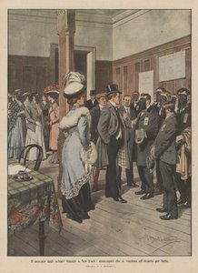A New York-i fehér rabszolgapiac, munkanélküliek, akik árverésen árulják magukat éhségért (színes litho) alkotó: Achille Beltrame