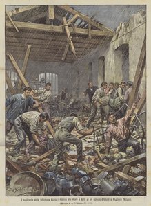 Múlt heti vihar, halottak és sérültek keresése egy összedőlt gyárban Musoccoban (Milánó) alkotó: Achille Beltrame