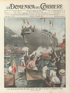 A Dante Alighieri nagy csatahajó felbocsátása az uralkodók jelenlétében a Castellammare di Stabia hajógyárból