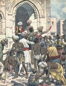 India. A szárazság járványokat okoz. Élelmiszerosztás. Illusztrálta: Antonio Beltrame. „La domenica del Corriere””. február 26 alkotó: Achille Beltrame