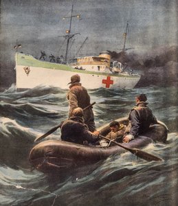 Achille Beltrame (1871-1945) négy lelőtt német repülőt megmentő olasz kórházhajó, illusztráció a La Domenica del Corriere-ből, február 23. alkotó: Achille Beltrame