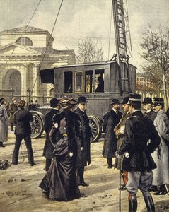 Guglielmo Marconi olasz fizikus az első mobil rádióállomással végzett kísérleteken vesz részt Milánóban, december 30-án alkotó: Achille Beltrame