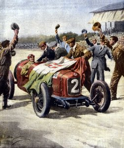 Olasz győzelem a 3. Európai Motoros Nagydíjon: az Ascari szerelői a háromszínű zászlót tüntetik fel az autón. Ill. de Beltrame. "La Domenica del Corriere". 1925.07. alkotó: Achille Beltrame