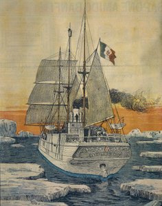 Utazás az Északi-sarkra: Sarkcsillag hajó, amely Luigi Amedeo Savoy-Aosta herceget, Abruzzi hercegét szállította a Rudolf-szigeten lévő Teplitz-öbölbe, Achille Beltrame (1871-1945), La Domenica del Corriere-ből alkotó: Achille Beltrame