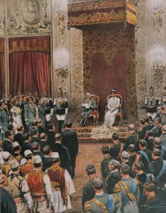 Olaszország királya, III. Savoyai Vittorio Emanuele, akit az albánok királyává koronáztak, Achille Beltrame, illusztráció, Achille Beltrame (1871-1945), a La Domenica del Corriere-ből alkotó: Achille Beltrame