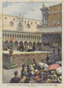 A velencei Campanile di San Marco rekonstrukciója, az első kő megáldása (április 25.)