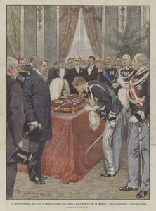 Umberto király sisakjának, kardjának és érmeinek ünnepélyes átadása Torino városába?