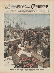 A katasztrófa a Courrieres szénbányákban, a koporsók megáldása a temetőben alkotó: Achille Beltrame