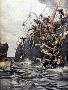 A libanoni katasztrófa: az utasok a tengerbe vetették magukat, miután Marseille partjainál ütköztek egy másik vonallal. Illusztráció: Beltrame. A Domenica del corriere. 1903. alkotó: Achille Beltrame