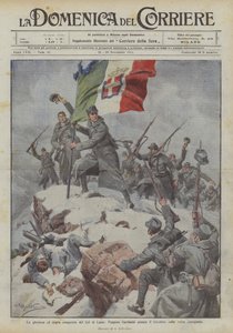 Col di Lana dicsőséges és kemény meghódítása során Peppino Garibaldi elhelyezi a trikolórt a meghódított csúcson