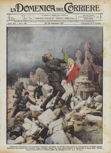 A törekvő Franceschi megígérte magának, hogy háromszínű zászlót tűz ki Castagnevizza romjaira. alkotó: Achille Beltrame