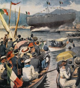 Az Andrea Doria csatahajó vízre bocsátása a La Spezia-i Arsenale-ból, panel Achille Beltrame (1871-1945), La Domenica del Corriere, április 6. alkotó: Achille Beltrame
