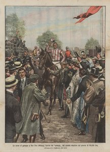 A San Siro-i (Milánó) galopp versenyek, a 100 000 líra díjat nyert ló érkezése