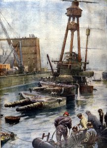 A skóciai Scapa Flow-nál elsüllyedt német Hindenburg csatahajó az óceánok fenekén töltött 7 év után az angol flottának köszönhetően tért vissza a felszínre. Illusztráció: Beltrame. A Corriere Domenica alkotó: Achille Beltrame