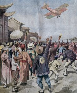 Arturo Ferrarin hadnagy, a Róma-Tokiói razzia résztvevője, megérkezik Sanghaj ege fölé, Achille Beltrame illusztrációja a La Domenica del Corriere-ből, május 16. alkotó: Achille Beltrame