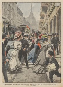 A szabók sztrájkja Milánóban, a sztrájkolók demonstrációja a Corso V E egy nagy szabóműhelye ellen