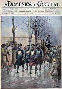 Varsóban megszervezett március a lakosság gázmaszkok használatára való gyakorlására – A. Beltrame rajza, „” la Domenica del Corriere” 1931.11.22. alkotó: Achille Beltrame
