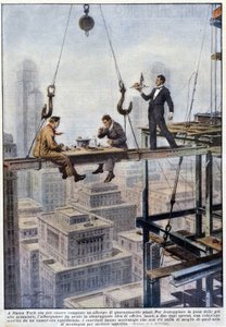 Két munkavezető étkezése egyensúlyban egy New York-i felhőkarcoló keretén – A. Beltrame rajza a „La Domenica del Corriere”-ben” alkotó: Achille Beltrame