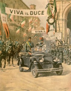Mussolini diadalmas érkezése Torinóba, Achille Beltrame (1871-1945) a La Domenica del Corriere 1932. októberi számából alkotó: Achille Beltrame