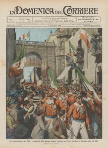 Az Ezer ötvenedik évfordulóján visszatértek a dicső légió túlélői a Porta Garibaldiba? alkotó: Achille Beltrame