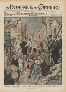 Reggio Calabria kikötőjében a király felemel és megvigasztal egy gyermeket, miközben néhány térdelő anya segítséget kér