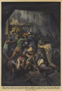 Waterschei-sous-Genk (Belgium) égő bányájában, a rettegés színhelye a ketrecek körül? alkotó: Achille Beltrame