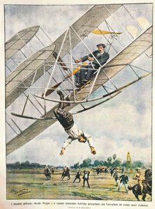 Orville Wright és Seliridge hadnagy harminc méterről kétfedelű repülőgéppel zuhan, Amerikai Egyesült Államok, Achille Beltrame illusztrációja a La Domenica del Corriere-ből, október 11. alkotó: Achille Beltrame