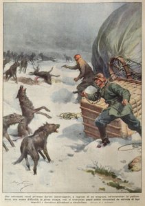 Farkascsapatok megtámadják egy földelt orosz hőlégballon legénységét, illusztráció a „La Corriere della Sera” című filmből alkotó: Achille Beltrame