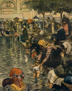 Zarándoklat Caravaggioba: Fürdés csodás vizekben, Achille Beltrame (1871-1945), La Domenica del Corriere alkotó: Achille Beltrame
