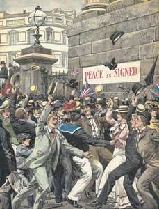 Második búr háború. A háború végének bejelentése London utcáin. Illusztráció: Antonio Beltrame. “La Domenica del Corriere” alkotó: Achille Beltrame