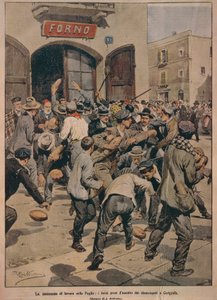 Súlyos munkahiány Apuliában, Cerignola munkanélküliei megrohamozták a sütőket, Achille Beltrame, illusztráció, Achille Beltrame (1871-1945), La Domenica del Corriere, 1908. december 20. alkotó: Achille Beltrame