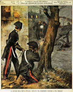 Szicíliai maffiaesemény, Harc karabinierik és maffiagengszterek között Trapaniban, Achille Beltrame, illusztráció, Achille Beltrame (1871-1945) illusztrátor, La Domenica del Corriere, 1899. december 31. alkotó: Achille Beltrame