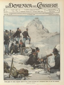 Alpesi katonák, akik gépfegyverrel lövöldözős manővereket hajtanak végre a Matterhorn lábánál?