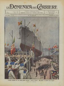 A Conte di Cavour nagy csatahajó vízre bocsátásának ünnepélyes ceremóniája La Speziában, augusztus 10-én délelőtt alkotó: Achille Beltrame