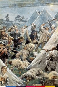 Dél-Afrika. Második búr háború. Támadás a tweefonteini angol tábor ellen (1902). Illusztráció: Achille Beltrame. Metszés. alkotó: Achille Beltrame