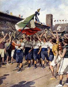 Az 1912-es stockholmi olimpiai játékok: a győztes olasz tornászcsapat. Ill. d