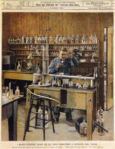 Thomas Ava Edison (1847-1931) amerikai feltaláló új laboratóriumában a Lewellein Parkban, Illusztráció: Achille Beltrame (1871-1945), La Domenica del Corriere alkotó: Achille Beltrame
