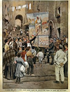 A Domenica del Corriere (olasz vasárnapi újság) 1910. december 8-án, Nápolyban balladaénekesek éneklik a líbiai háború ihlette népdalokat, Achille Beltrame, illusztráció alkotó: Achille Beltrame